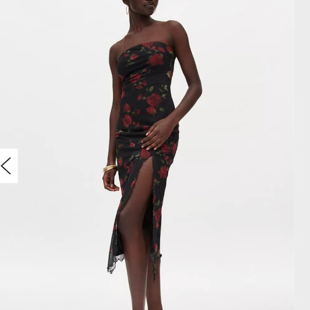 Urban Outfitters NTW Black Floral Samara Mesh Strapless Midi Dress - Size M